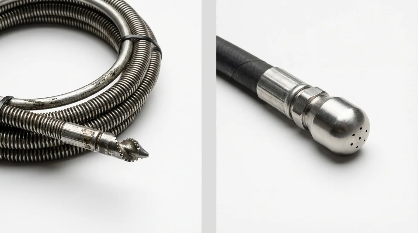 Drain snake cable and hydro jetting nozzle used for drain cleaning in Portland, CT