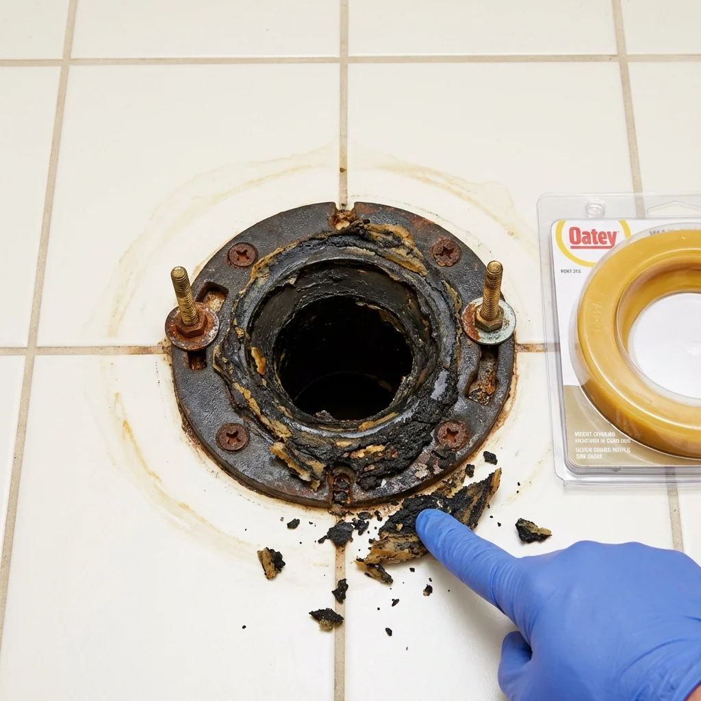 Failed wax ring showing water seepage at the base of a toilet in a Portland, CT home