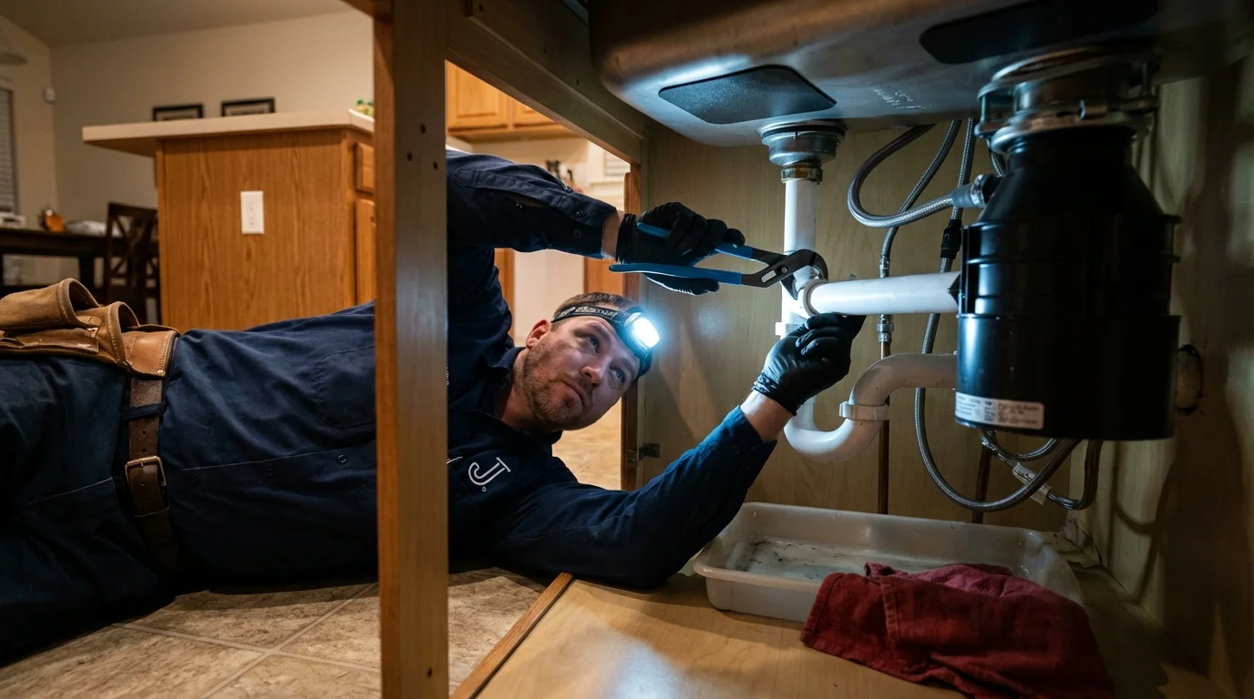 P-trap and supply line connections under a kitchen sink showing a common leak point in Portland, CT